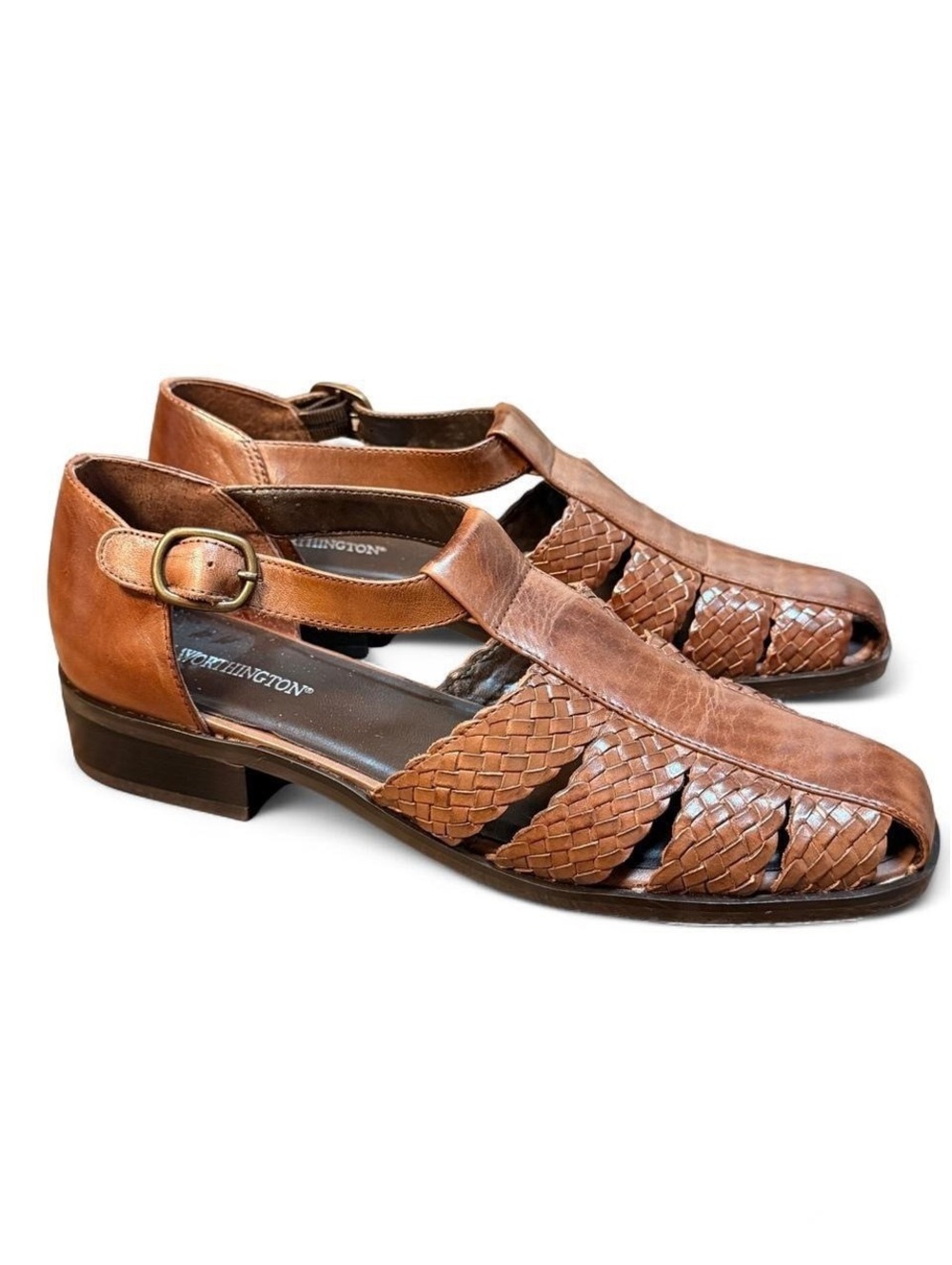 NWOT Worthington Brown Leather Woven Fisherman Sandals 7M Made Brazil